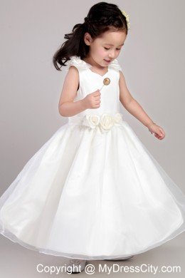 White Ankle-length with Straps Flower Girl Dress Flowers Accented