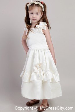 White A-line Ankle-length Flower Girl Dress with Straps and Bow