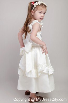 White A-line Ankle-length Flower Girl Dress with Straps and Bow