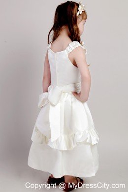 White A-line Ankle-length Flower Girl Dress with Straps and Bow