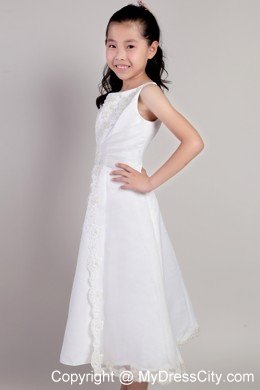 Scoop for A-line Tea-length Appliques Accented Flower Girl Dress