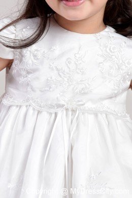 Scoop Tea-length Flower Girl Dress with Cap Sleeves and Appliques