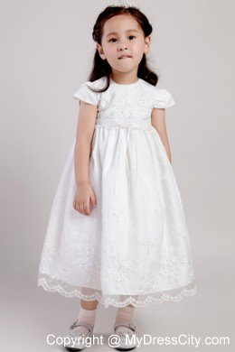 Scoop Tea-length Flower Girl Dress with Cap Sleeves and Appliques