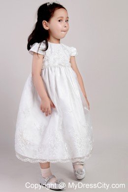 Scoop Tea-length Flower Girl Dress with Cap Sleeves and Appliques