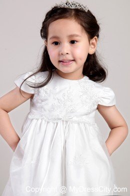 Scoop Tea-length Flower Girl Dress with Cap Sleeves and Appliques