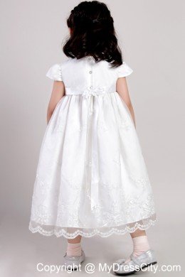 Scoop Tea-length Flower Girl Dress with Cap Sleeves and Appliques