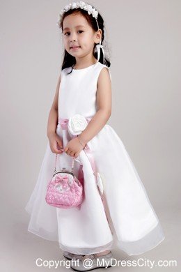 White Scoop Ankle-length Belt and Flowers Decorate A-line Little Girl Dress