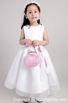 White Scoop Ankle-length Belt and Flowers Decorate A-line Little Girl Dress