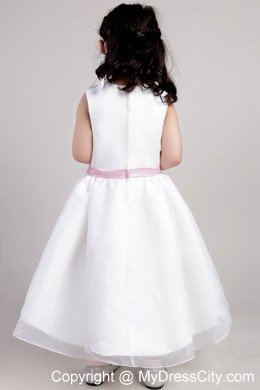 White Scoop Ankle-length Belt and Flowers Decorate A-line Little Girl Dress