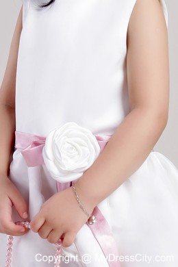 White Scoop Ankle-length Belt and Flowers Decorate A-line Little Girl Dress