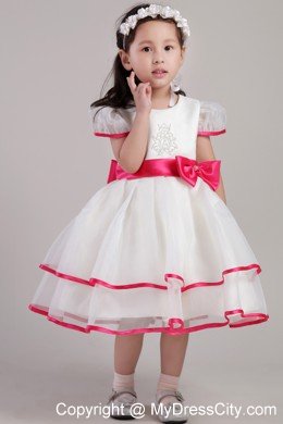 Scoop Beading and Bowknot Decorate Little Girl Dress with Short Sleeves