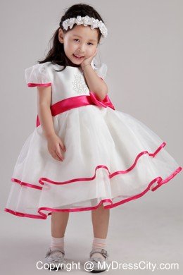 Scoop Beading and Bowknot Decorate Little Girl Dress with Short Sleeves