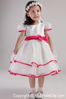 Scoop Beading and Bowknot Decorate Little Girl Dress with Short Sleeves