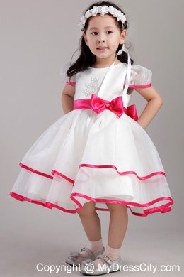 Scoop Beading and Bowknot Decorate Little Girl Dress with Short Sleeves