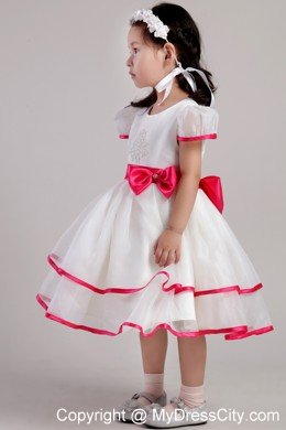 Scoop Beading and Bowknot Decorate Little Girl Dress with Short Sleeves