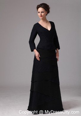 Black V-neck 3 4 Sleeves Mother Of The Bride Dress Floor Length