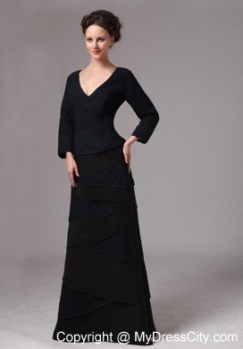 Black V-neck 3 4 Sleeves Mother Of The Bride Dress Floor Length