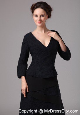 Black V-neck 3 4 Sleeves Mother Of The Bride Dress Floor Length