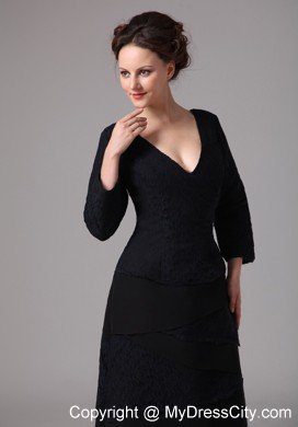 Black V-neck 3 4 Sleeves Mother Of The Bride Dress Floor Length