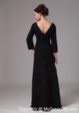 Black V-neck 3 4 Sleeves Mother Of The Bride Dress Floor Length