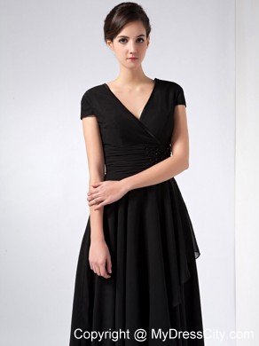 Black A-line V-neck Ankle-length Chiffon Mother Of The Bride Dress