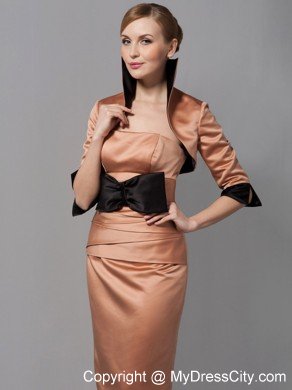 Rust Red Strapless Knee-length Satin Ruched Mothers Dress with Bow