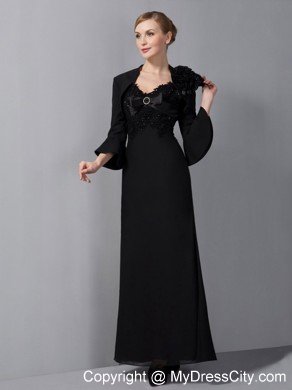 Black Column Straps Ankle-length Appliques Mother Of The Bride Dress