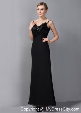 Black Column Straps Ankle-length Appliques Mother Of The Bride Dress