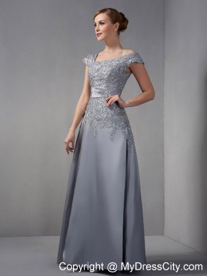 Gray Asymmetrical Straps Dress for Mothers Ankle-length with Appliques