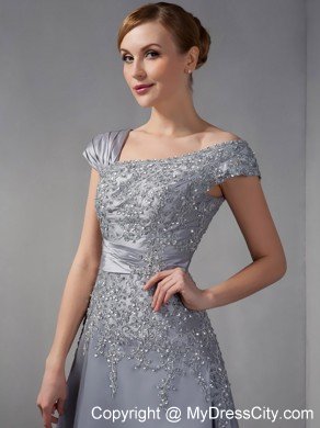 Gray Asymmetrical Straps Dress for Mothers Ankle-length with Appliques