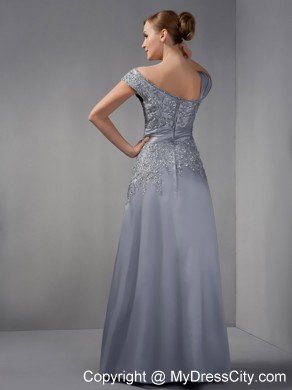 Gray Asymmetrical Straps Dress for Mothers Ankle-length with Appliques