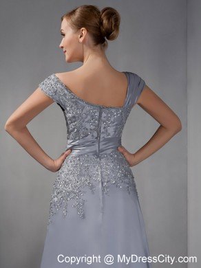 Gray Asymmetrical Straps Dress for Mothers Ankle-length with Appliques