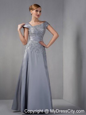 Gray Asymmetrical Straps Dress for Mothers Ankle-length with Appliques