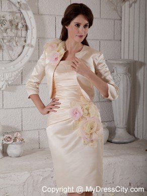 Champagne Column Strapless Knee-length Hand Made Flowers Mothers Dress