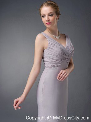 Grey Column V-neck Ruching Mothers Of The Bride Dresses