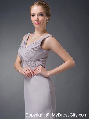 Grey Column V-neck Ruching Mothers Of The Bride Dresses