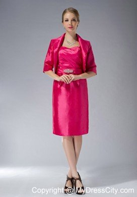 Straps Knee-length Taffeta Beading Mother Dress in Hot Pink