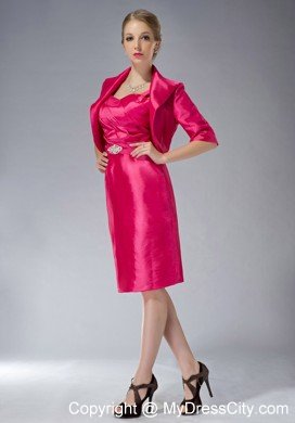 Straps Knee-length Taffeta Beading Mother Dress in Hot Pink