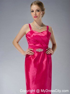 Straps Knee-length Taffeta Beading Mother Dress in Hot Pink