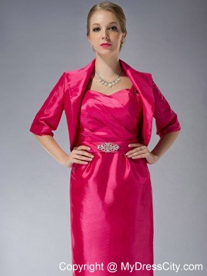 Straps Knee-length Taffeta Beading Mother Dress in Hot Pink