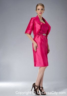 Straps Knee-length Taffeta Beading Mother Dress in Hot Pink