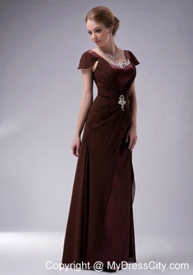 Brown Ruffled Cap Sleeves Mother Of The Bride Dress with Appliques