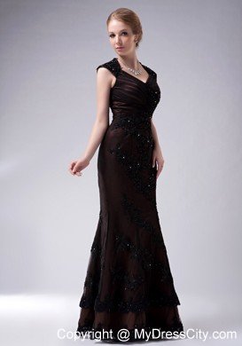 Brown Beaded Mermaid V-neck Floor-length Mothers Dress