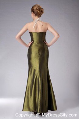 Olive Green Beaded Halter Ankle-length Ruched Mother Of The Bride Dress