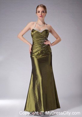 Olive Green Beaded Halter Ankle-length Ruched Mother Of The Bride Dress