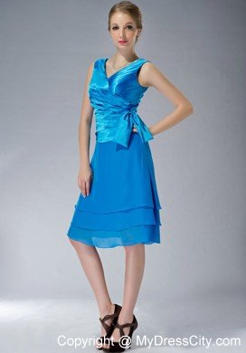 Sky Blue Empire V-neck Knee-length Ruching Mother's Dress