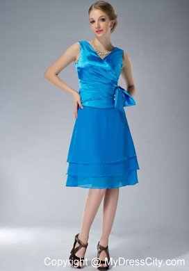 Sky Blue Empire V-neck Knee-length Ruching Mother's Dress