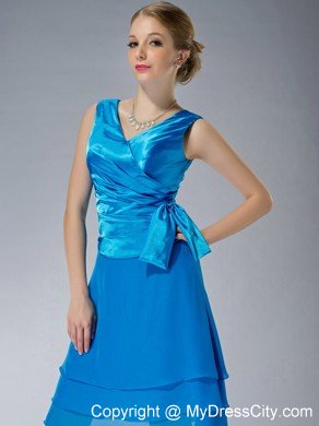 Sky Blue Empire V-neck Knee-length Ruching Mother's Dress