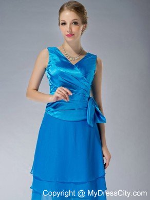 Sky Blue Empire V-neck Knee-length Ruching Mother's Dress