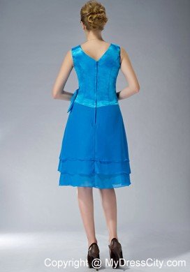 Sky Blue Empire V-neck Knee-length Ruching Mother's Dress